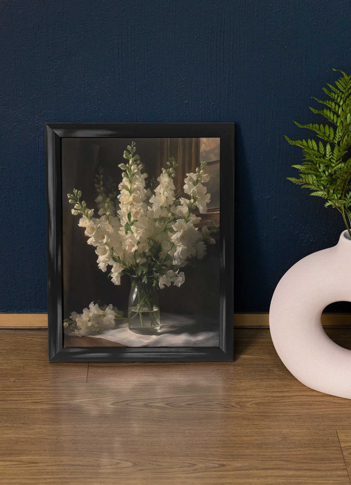 White Snapdragons Glass Vase Dark Still Life Floral Wall Art