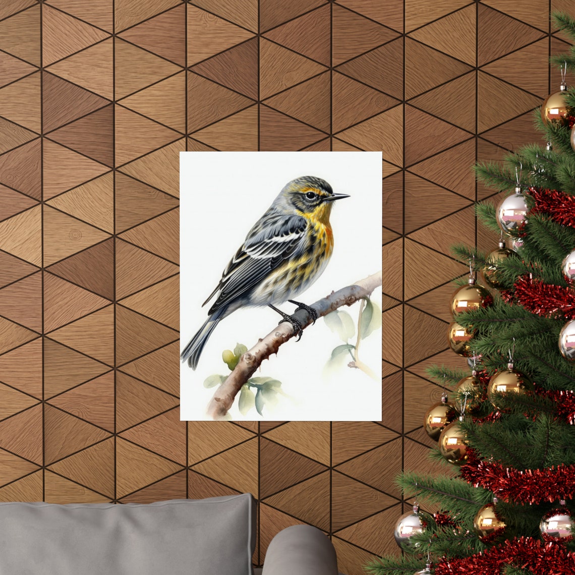 Yellow Rumped Warbler Bird Watercolor Perched Branch Fine Art Poster - Image 3