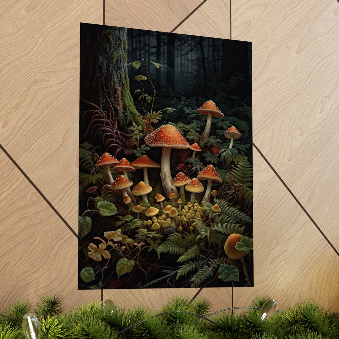 Mixed Amanita Mushroom Patch With Ferns Yellow Blooms Forest Poster - Image 2