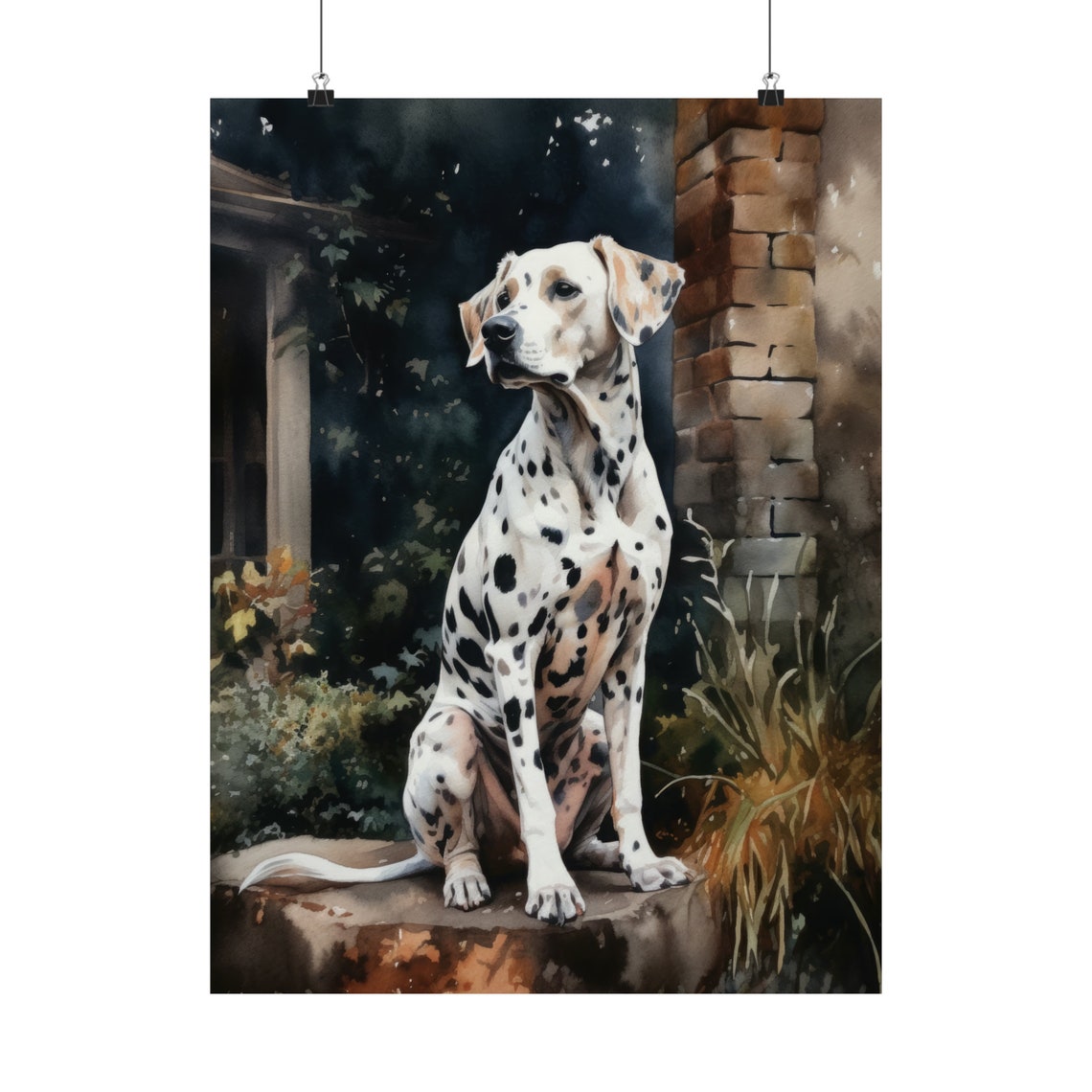 Dalmatian Sitting By Old Brick Wall Moody Watercolor Dog Art Poster - Image 5