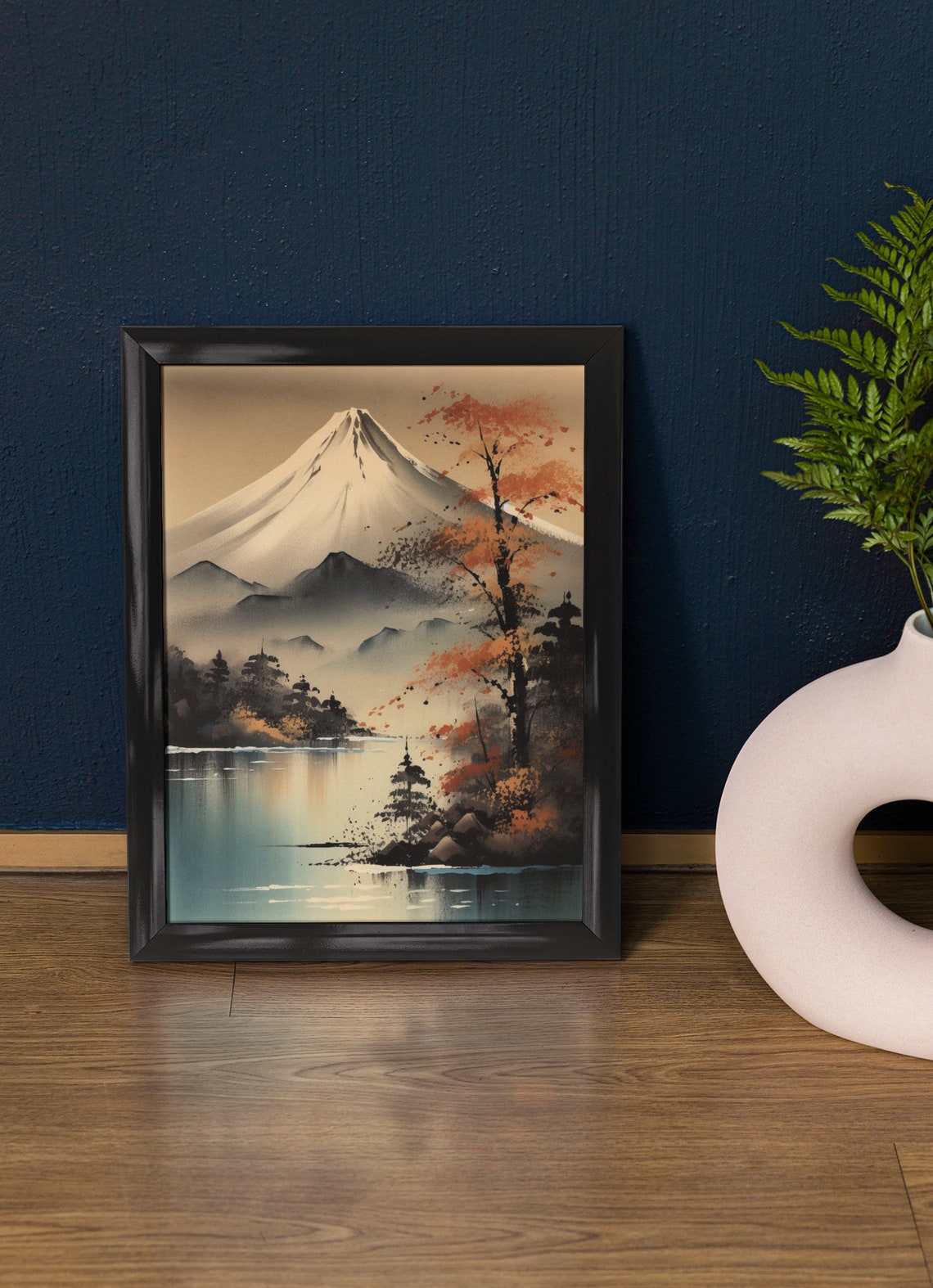 Mt Fuji Misty Autumn Lake Reflection Serene Ink Wash Travel Poster