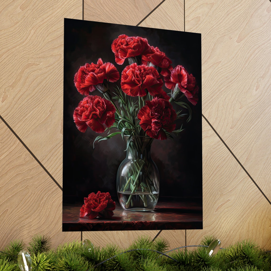 Red Carnation Bouquet Glass Vase Deep Shadowed Floral Art Poster - Image 2