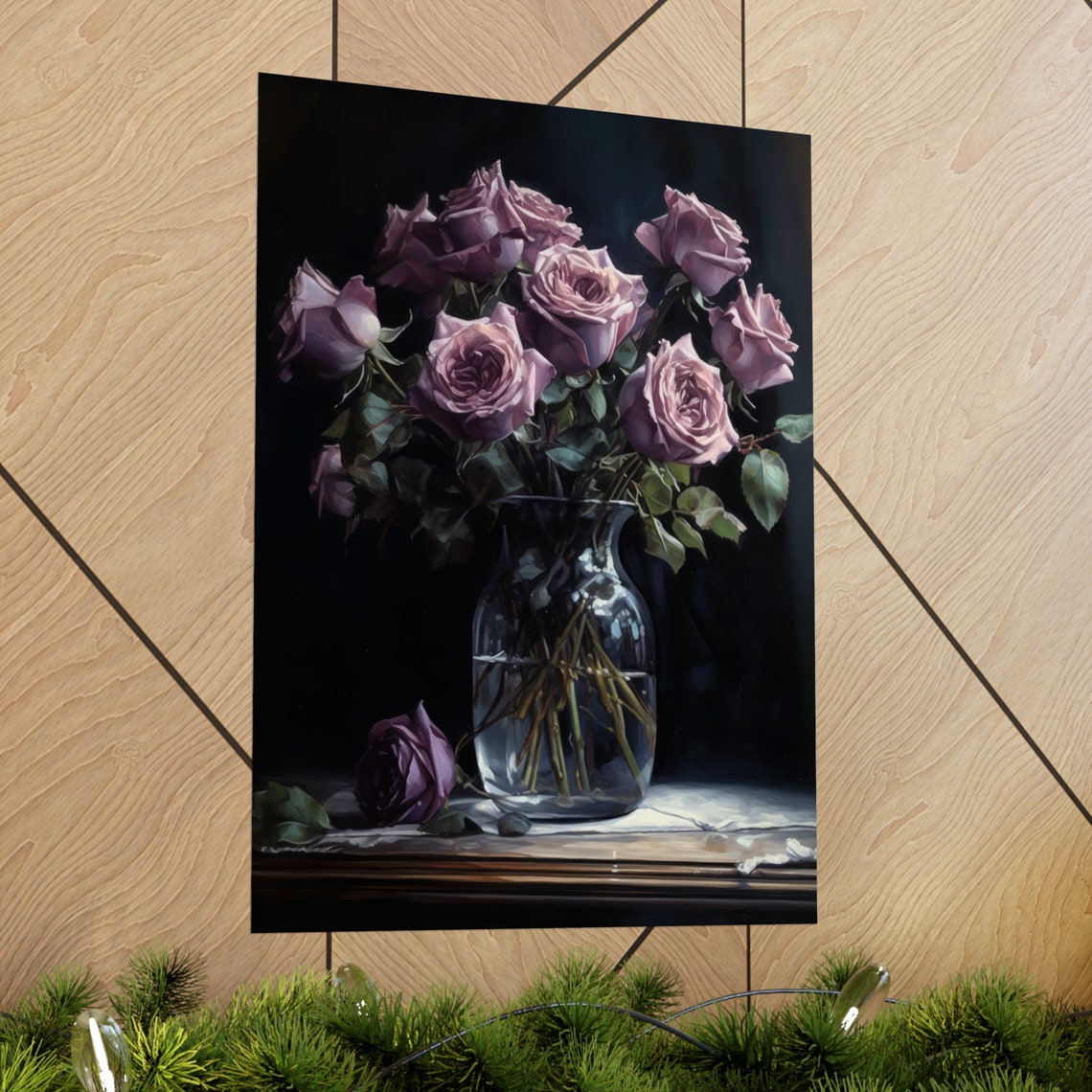 Mauve Rose Bouquet Glass Vase Shadowed Elegant Floral Art Poster - Image 2