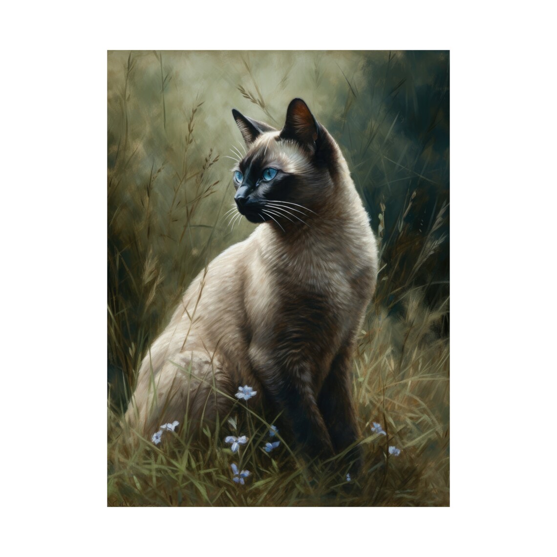 Tonkinese Cat Seal Point Shorthair Blue Eyes In Tall Grass Art Print - Image 4