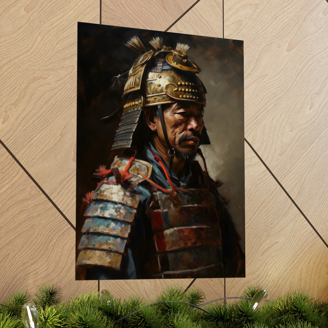 Samurai Warrior in Ornate Golden Kabuto Helmet Oil Painting Art Print - Image 2