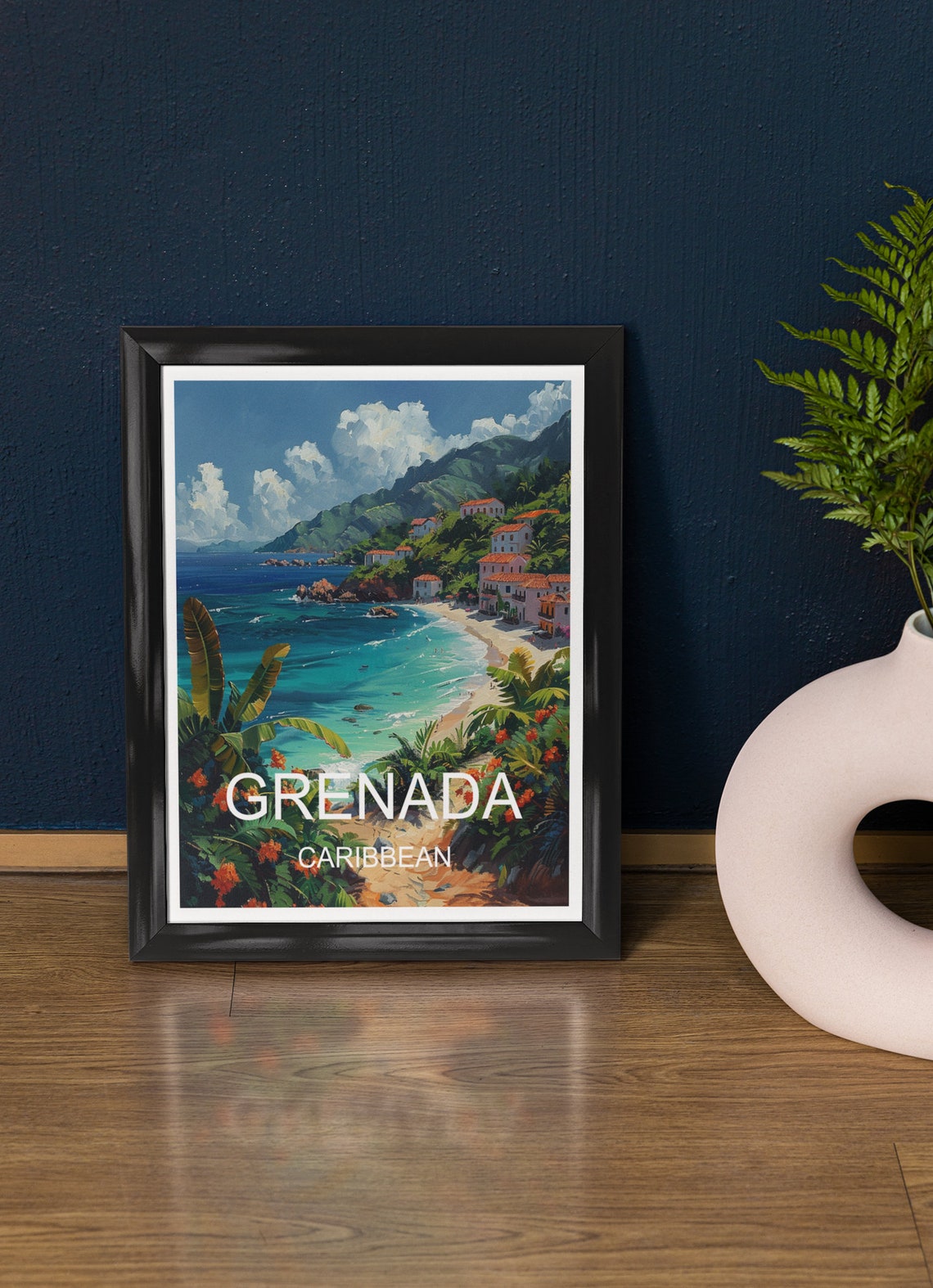 Grenada Caribbean Tropical Bay Beach Hillside Town Lush Foliage Poster