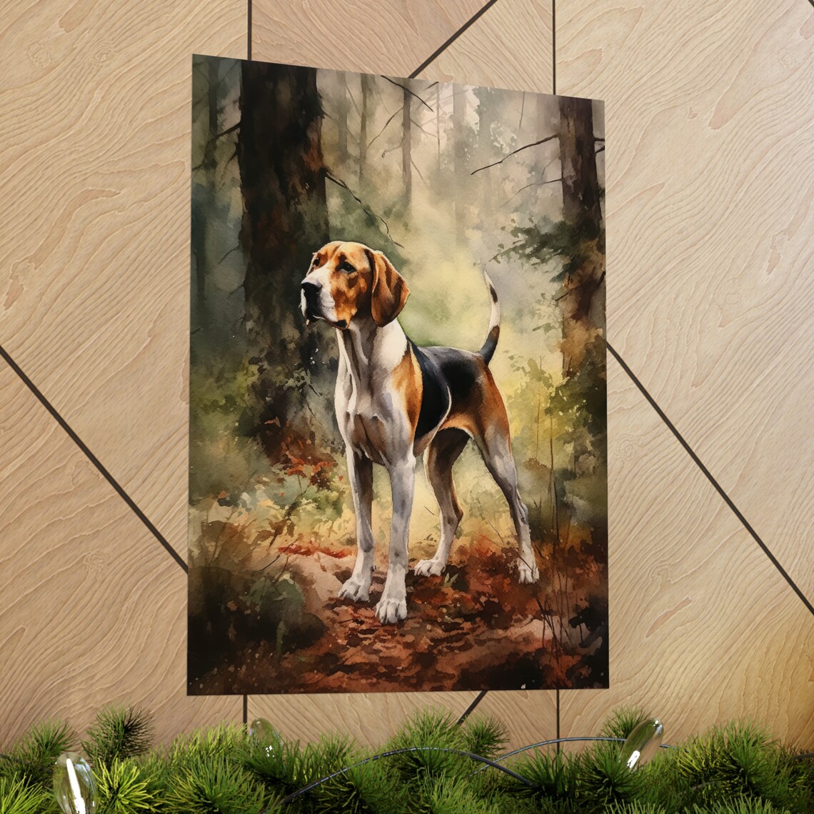 Treeing Walker Coonhound Standing In Autumn Forest Watercolor Poster - Image 2