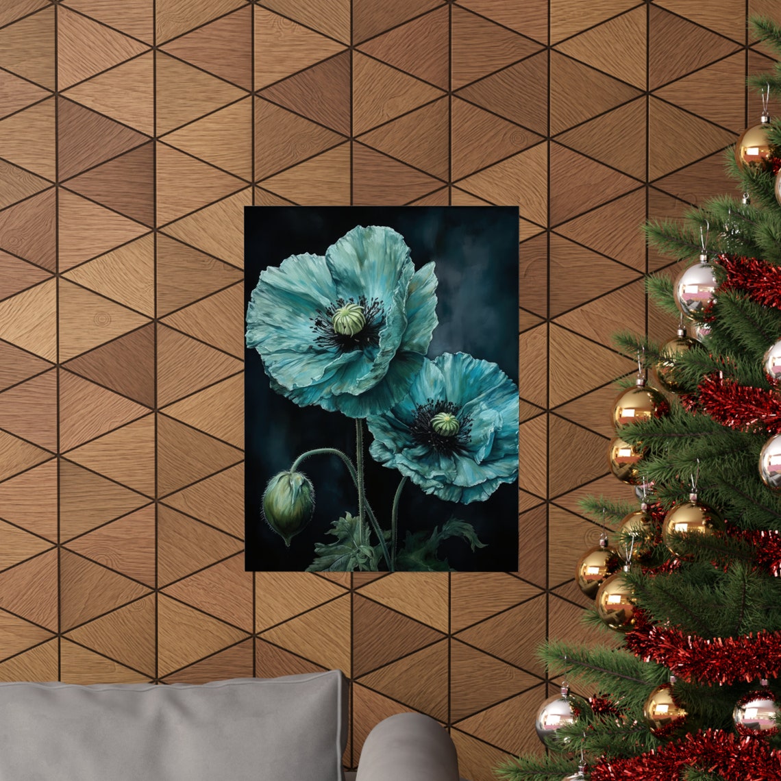 Teal Blue Poppy Flowers Dark Background Dramatic Botanical Poster - Image 3