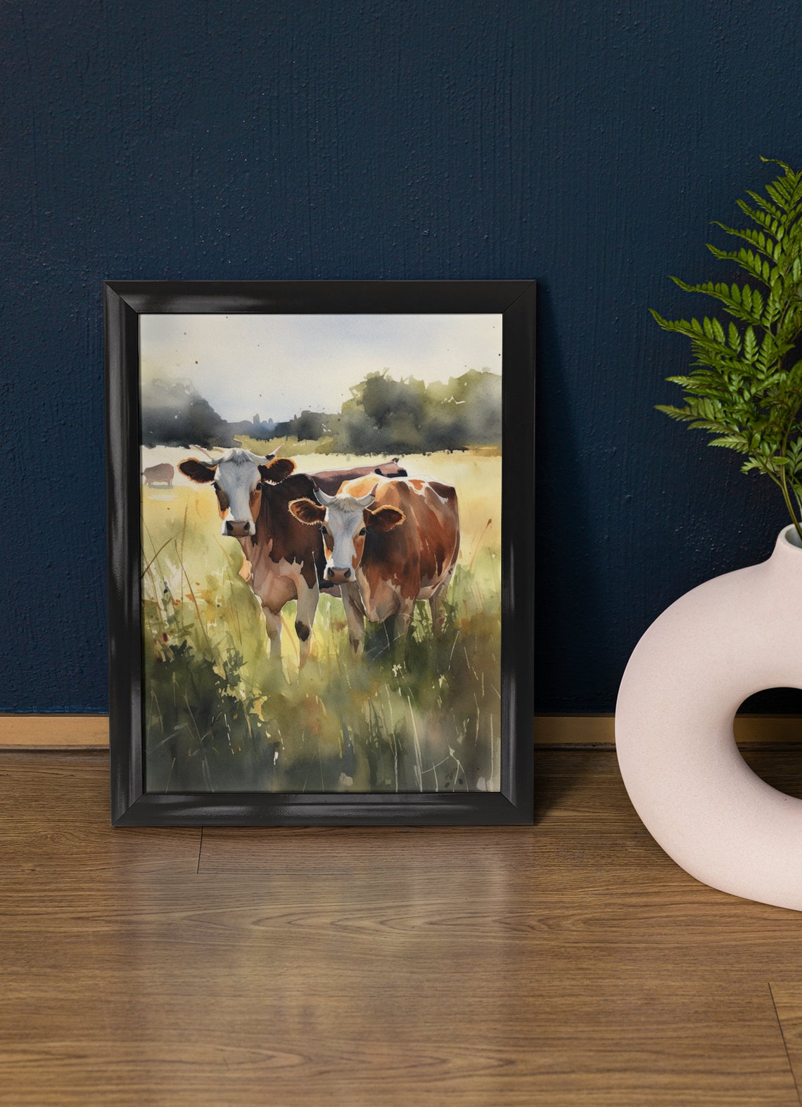Two Cows Sunny Pasture Watercolor Rustic Farm Animal Wall Art Print