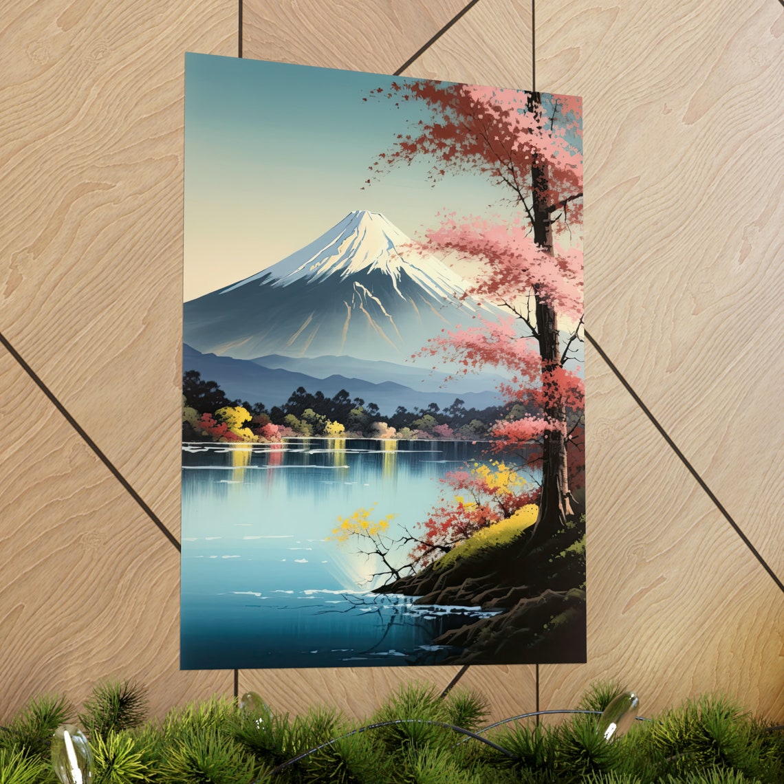 Mt Fuji Cherry Blossom Tree Lake Reflection Sunset Travel Poster - Image 2