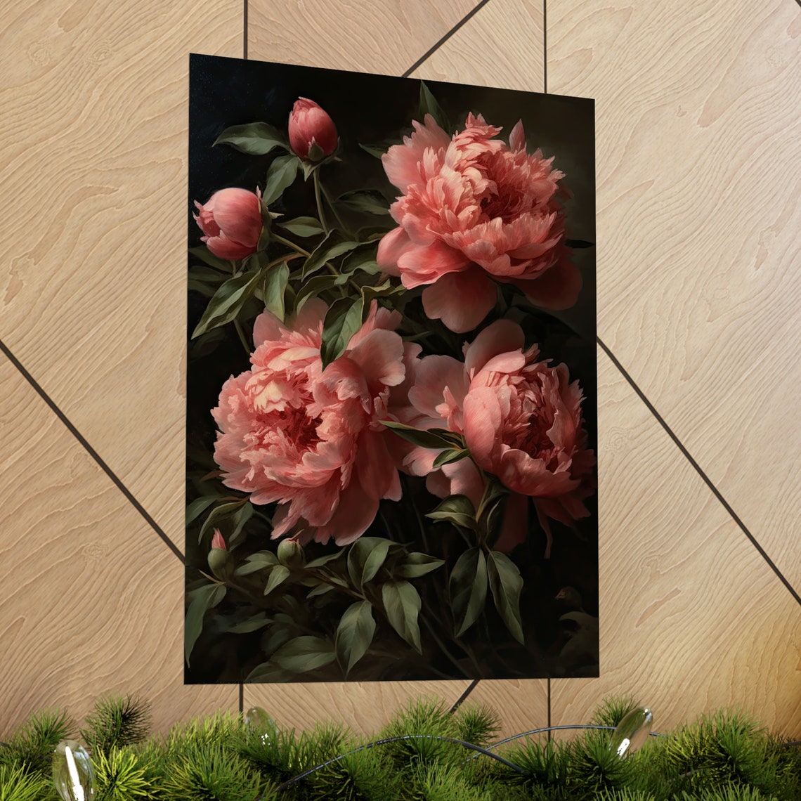 Pink Peony Blooms Soft Blush Blossoms Dark Botanical Still Life Poster - Image 2