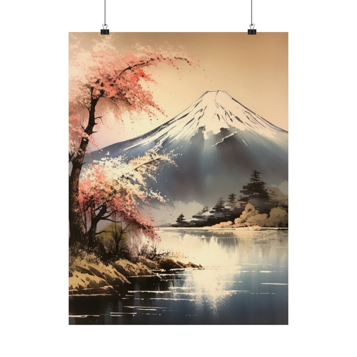 Mt Fuji Sunset Cherry Blossom Lakeshore Warm Light Travel Poster - Image 5
