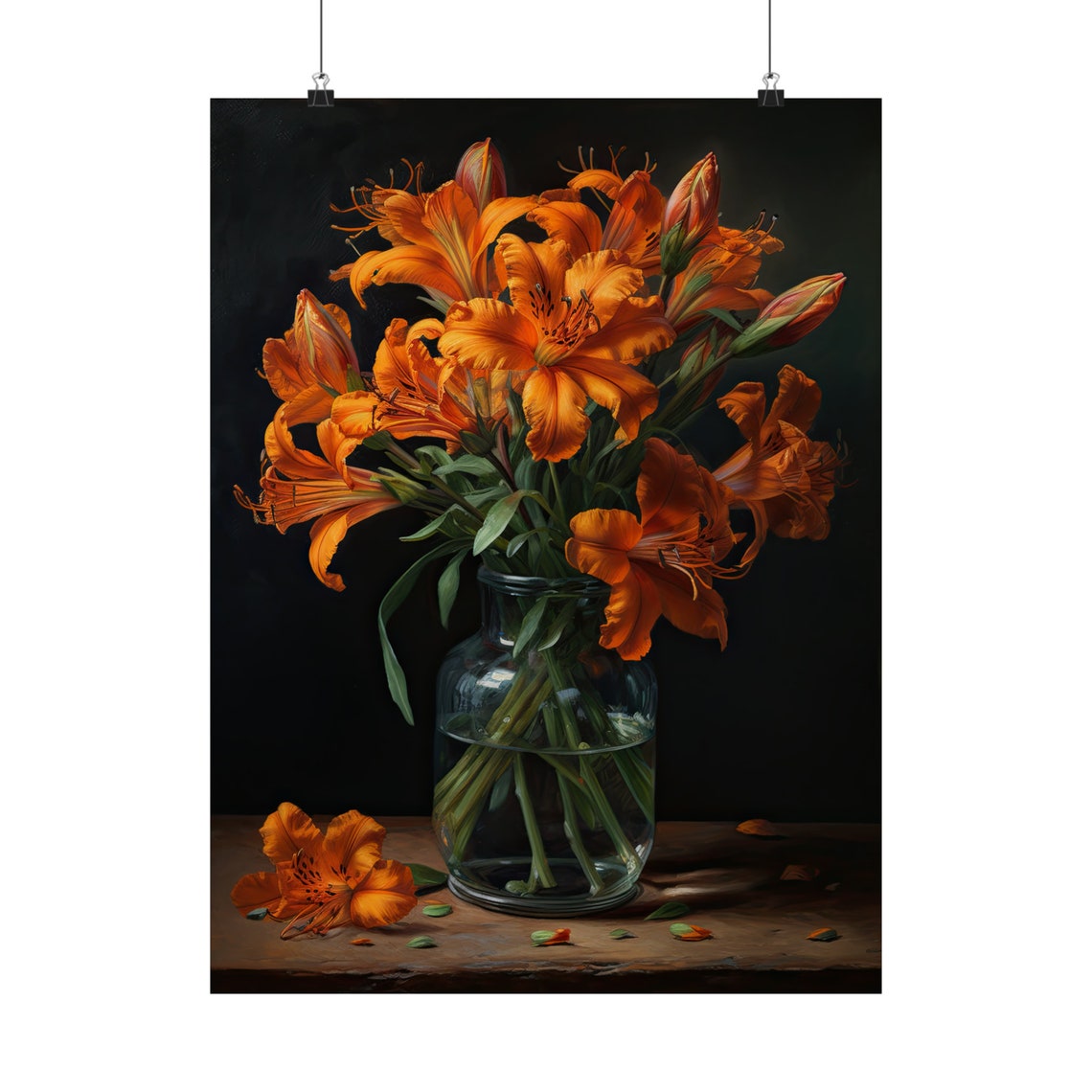 Orange Peruvian Lily Bouquet Glass Vase Moody Dark Still Life Poster - Image 5