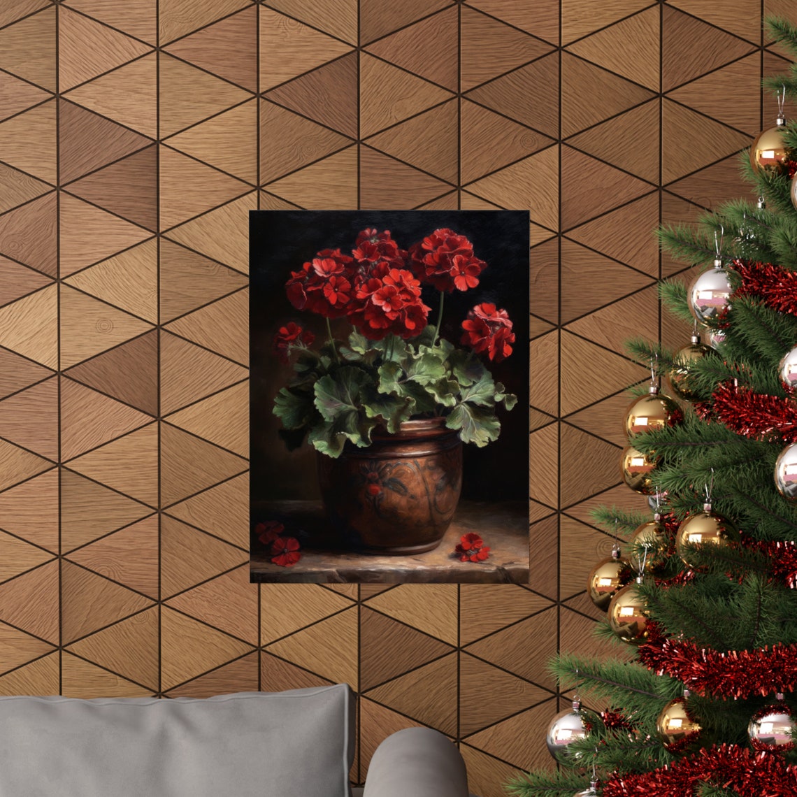 Red Geranium Pot Rustic Copper Planter Dark Still Life Flower Poster - Image 3