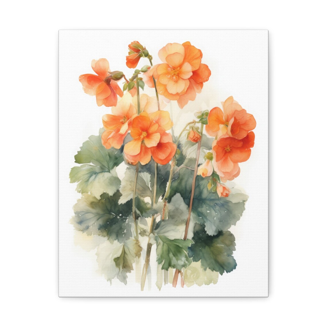 Orange Begonia Watercolor Flower Blooms Green Leaves Botanical Print - Image 2