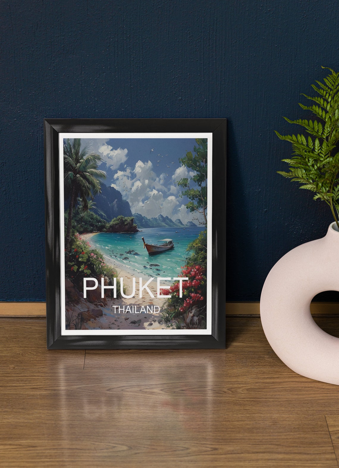 Phuket Thailand Tropical Beach Longtail Boat Cliffs Travel Poster