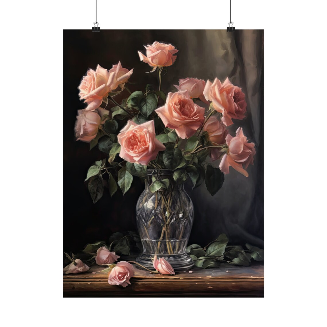 Blush Pink Roses Elegant Blooms Cut Glass Vase Still Life Art Poster - Image 5