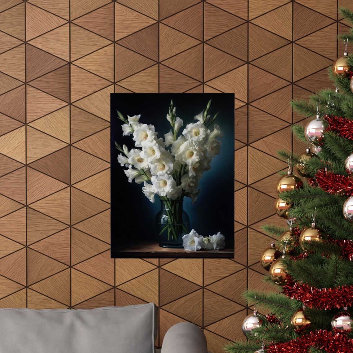 White Gladiola Blooms Glass Vase Dark Moody Still Life Art Poster - Image 3