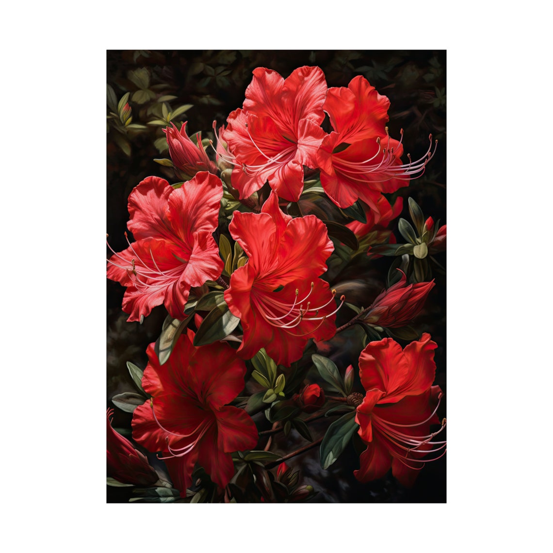 Bright Red Azalea Flower Cluster Dark Moody Botanical Art Poster - Image 4