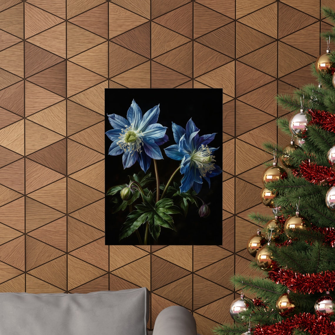 Blue Columbine Flowers Dramatic Dark Background Floral Art Print - Image 3