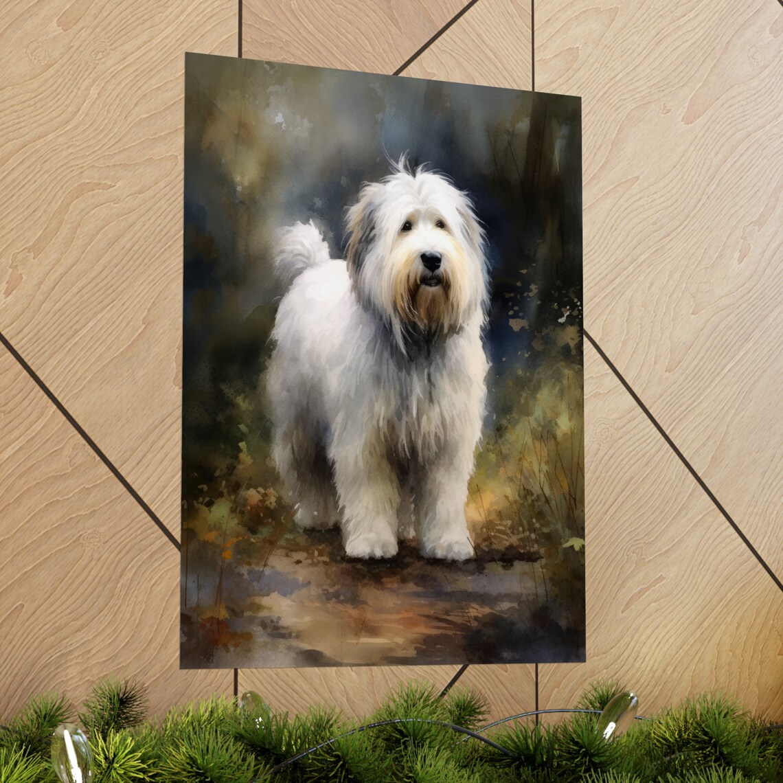 Old English Sheepdog Shaggy White Watercolor Dog Portrait Poster - Image 2
