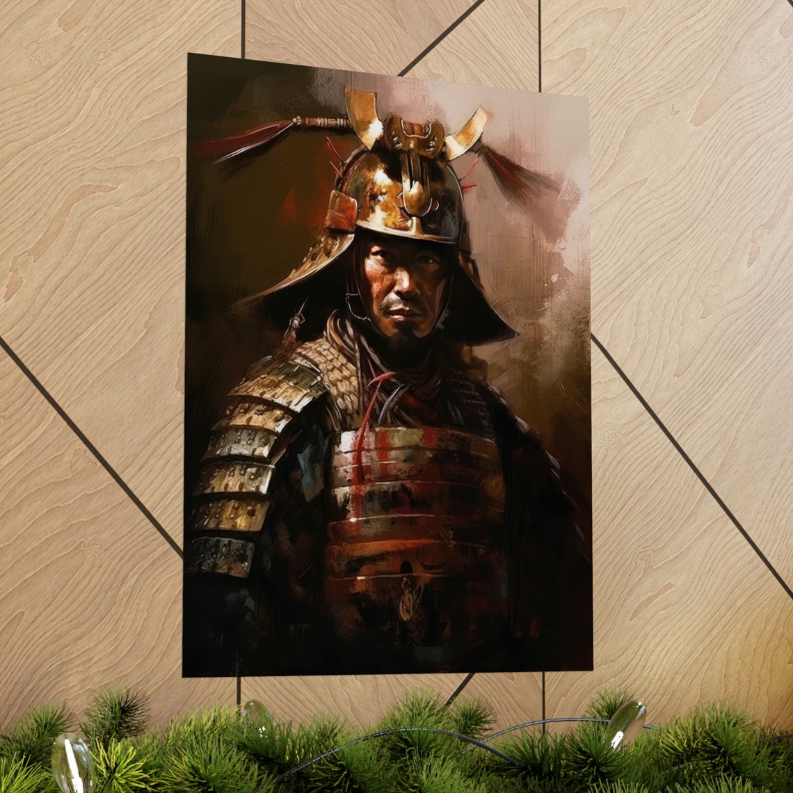 Samurai General in Horned Kabuto Helmet Dark Dramatic Art Print - Image 2