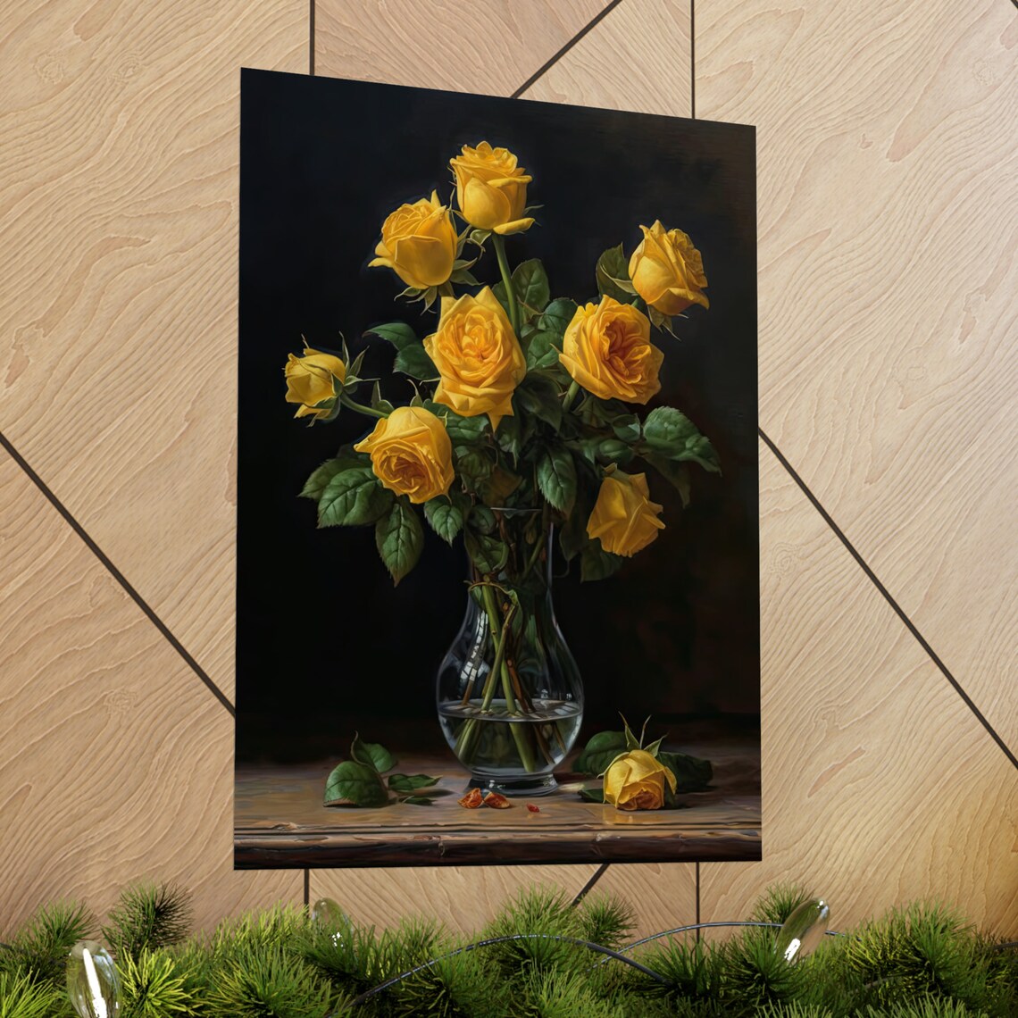 Yellow Rose Bouquet Golden Sunny Blooms Dark Still Life Art Poster - Image 2