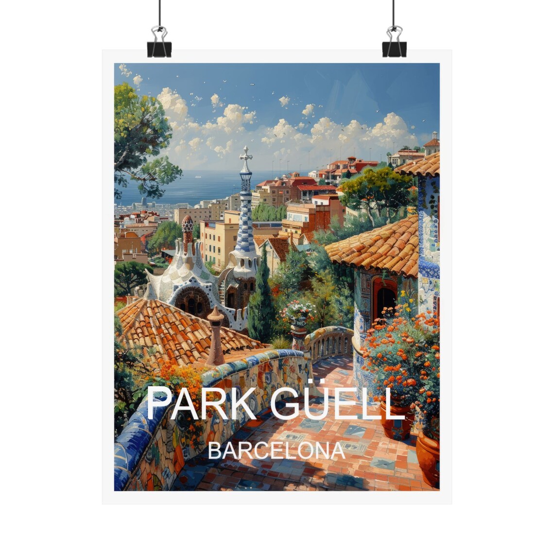 Barcelona Spain Park Guell Mosaic Terrace Gaudi Sea View Travel Poster - Image 2