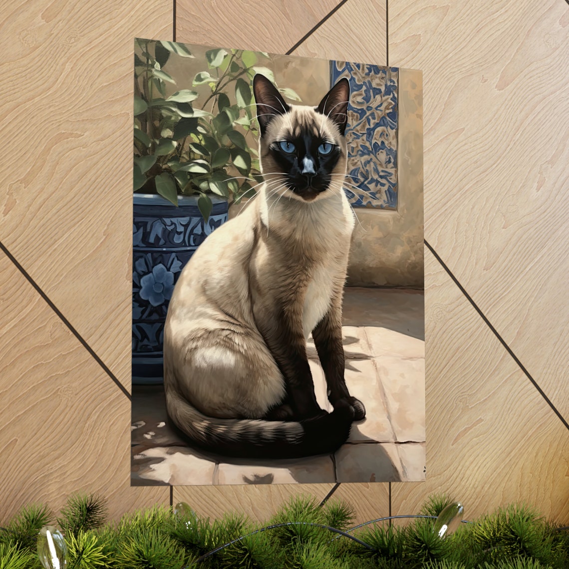Siamese Cat Sunlit Patio Blue Planter Elegant Feline Art Poster - Image 2