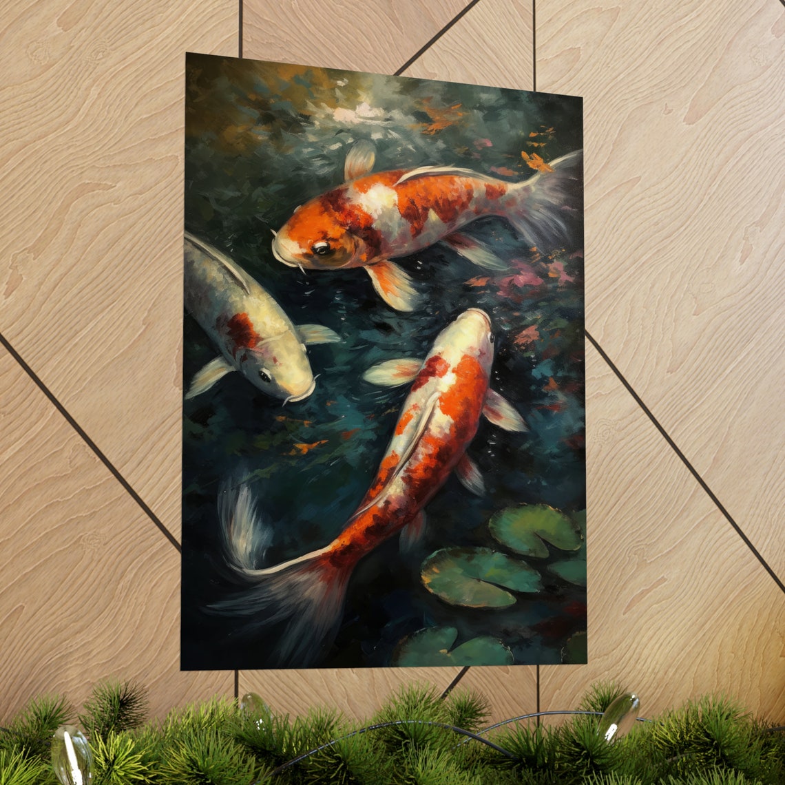 Three Koi Fish Dark Water Lily Pond Serene Painting Art Print - Image 2