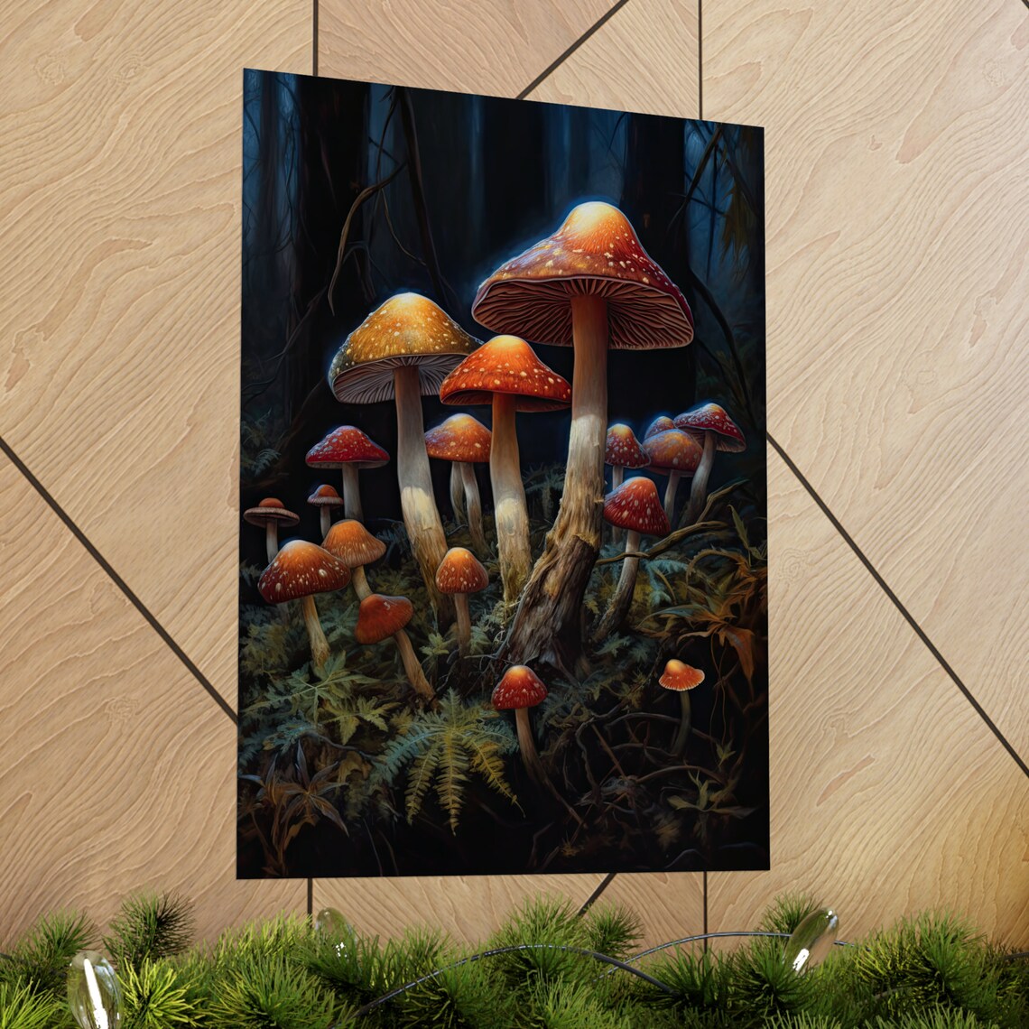 Tall Glowing Fly Agaric Mushrooms In Midnight Forest Night Art Poster - Image 2