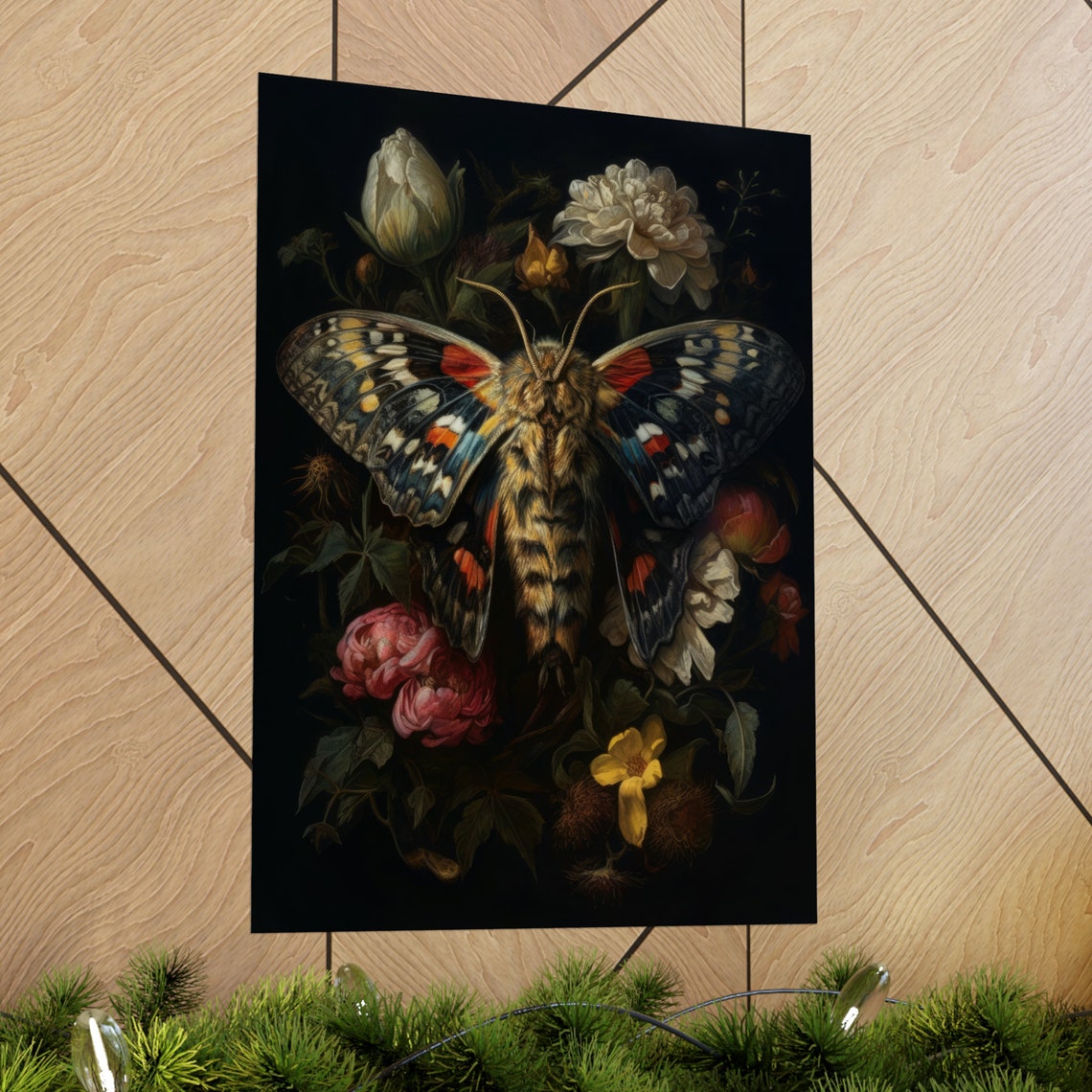 Dark Academia Colorful Moth Among Roses Gothic Floral Wall Art Print - Image 2