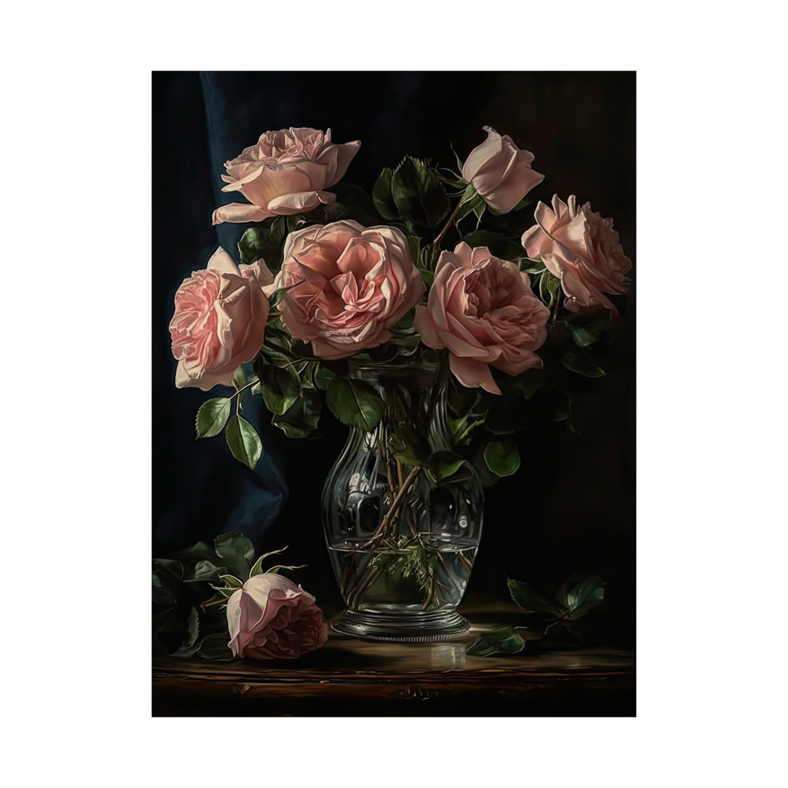 Pink Rose Bouquet Blush Blooms Dark Background Romantic Art Poster - Image 4