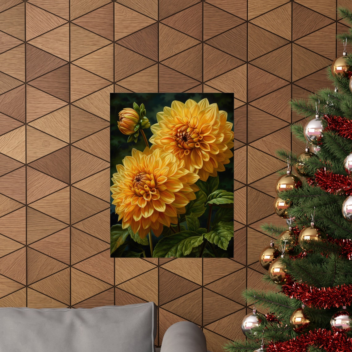 Honey Yellow Dahlia Blooms Dark Green Leaf Botanical Art Print - Image 3
