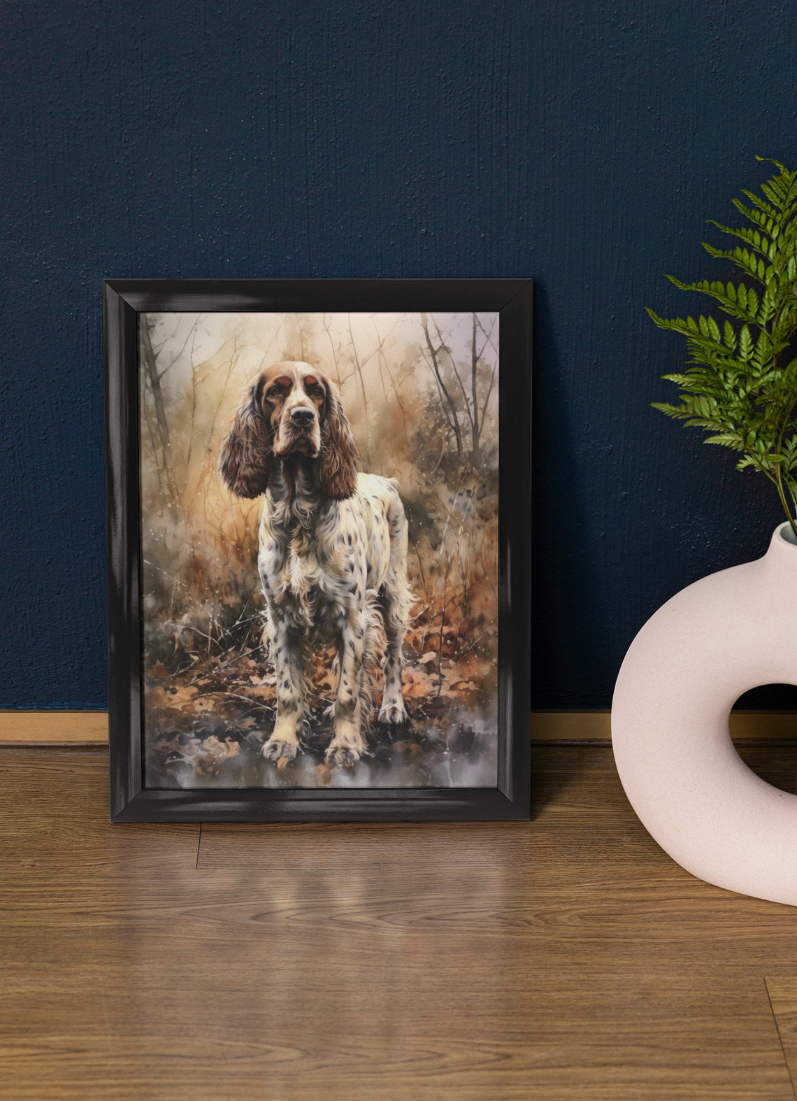 English Cocker Spaniel Standing Among Fallen Leaves Watercolor Print