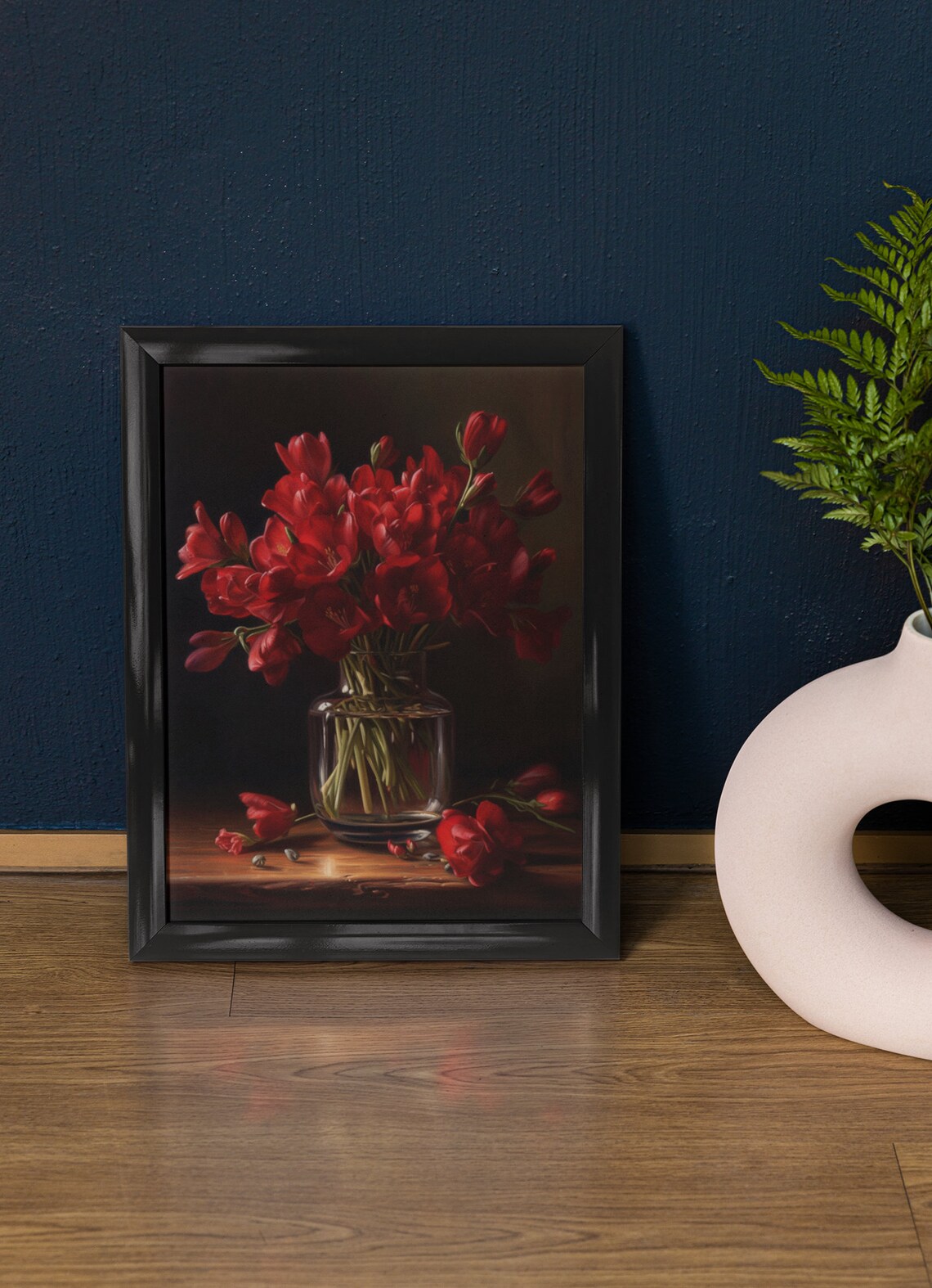 Red Freesia Bouquet Dark Still Life Glass Vase Wooden Table Art Print