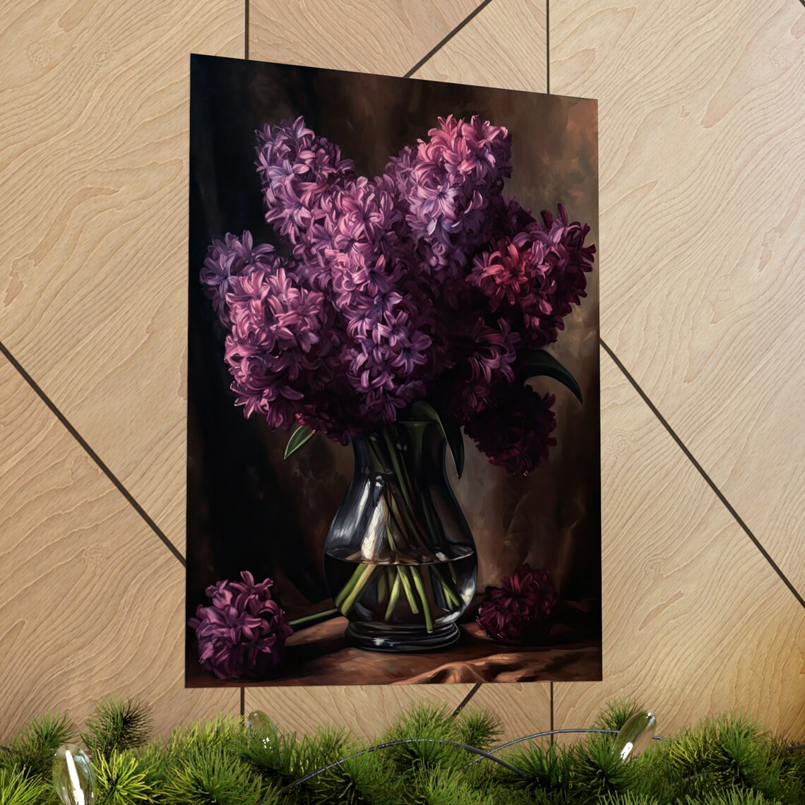 Purple Hyacinth Bouquet Dark Vase Moody Still Life Flower Art Poster - Image 2