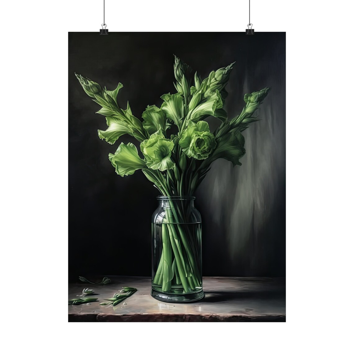 Green Gladiolus Buds Glass Jar Dark Moody Still Life Flower Poster - Image 5