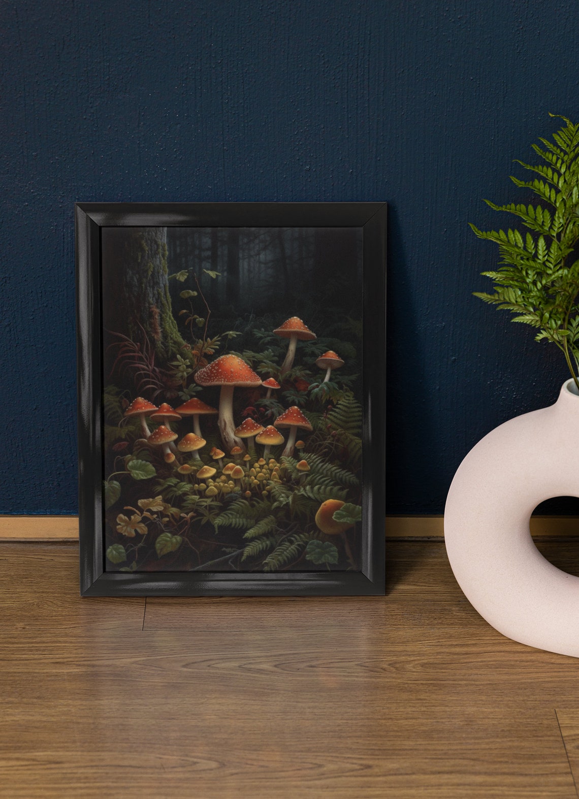 Mixed Amanita Mushroom Patch With Ferns Yellow Blooms Forest Poster