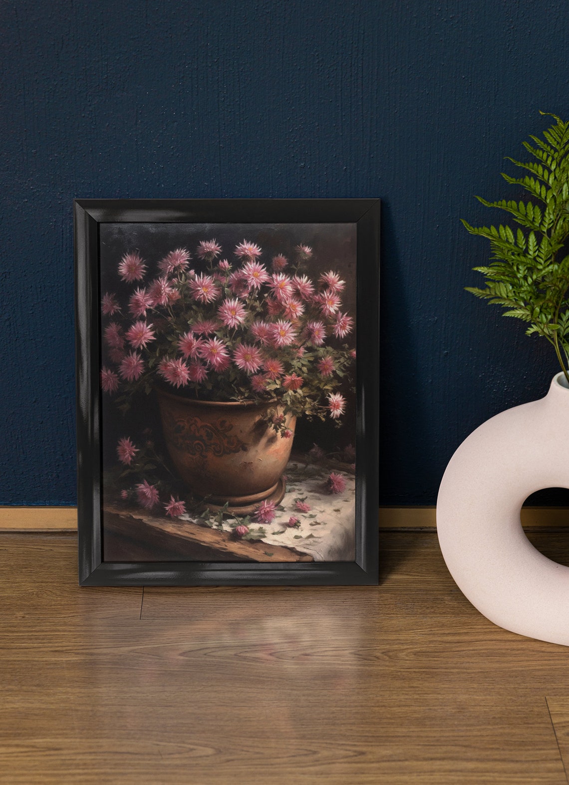 Pink Aster Flowers Vintage Copper Pot Still Life Botanical Art Print