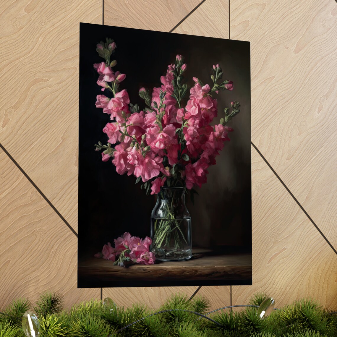 Rose Pink Snapdragon Flowers Glass Vase Dark Moody Floral Art Print - Image 2