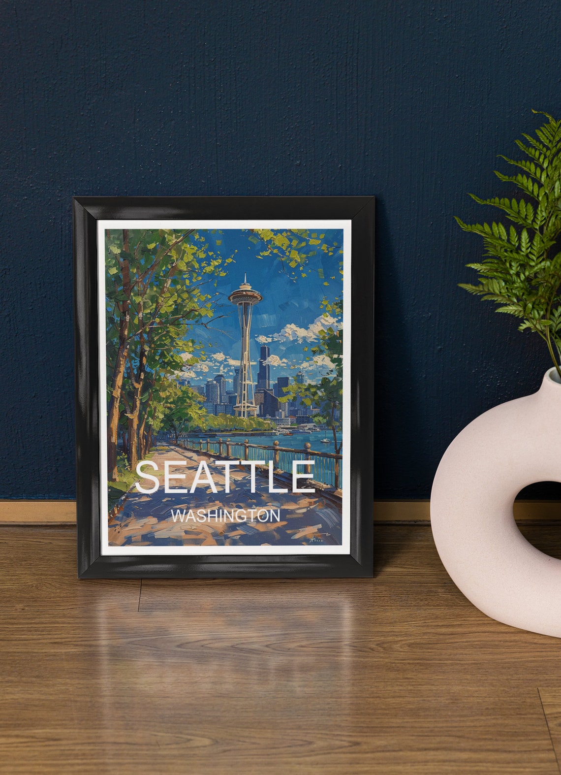 Seattle Washington Space Needle Waterfront Sunny Day Travel Poster