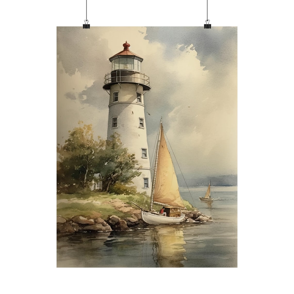 White Lighthouse Sailboat Rocky Coast Watercolor Beach Wall Art - Image 5