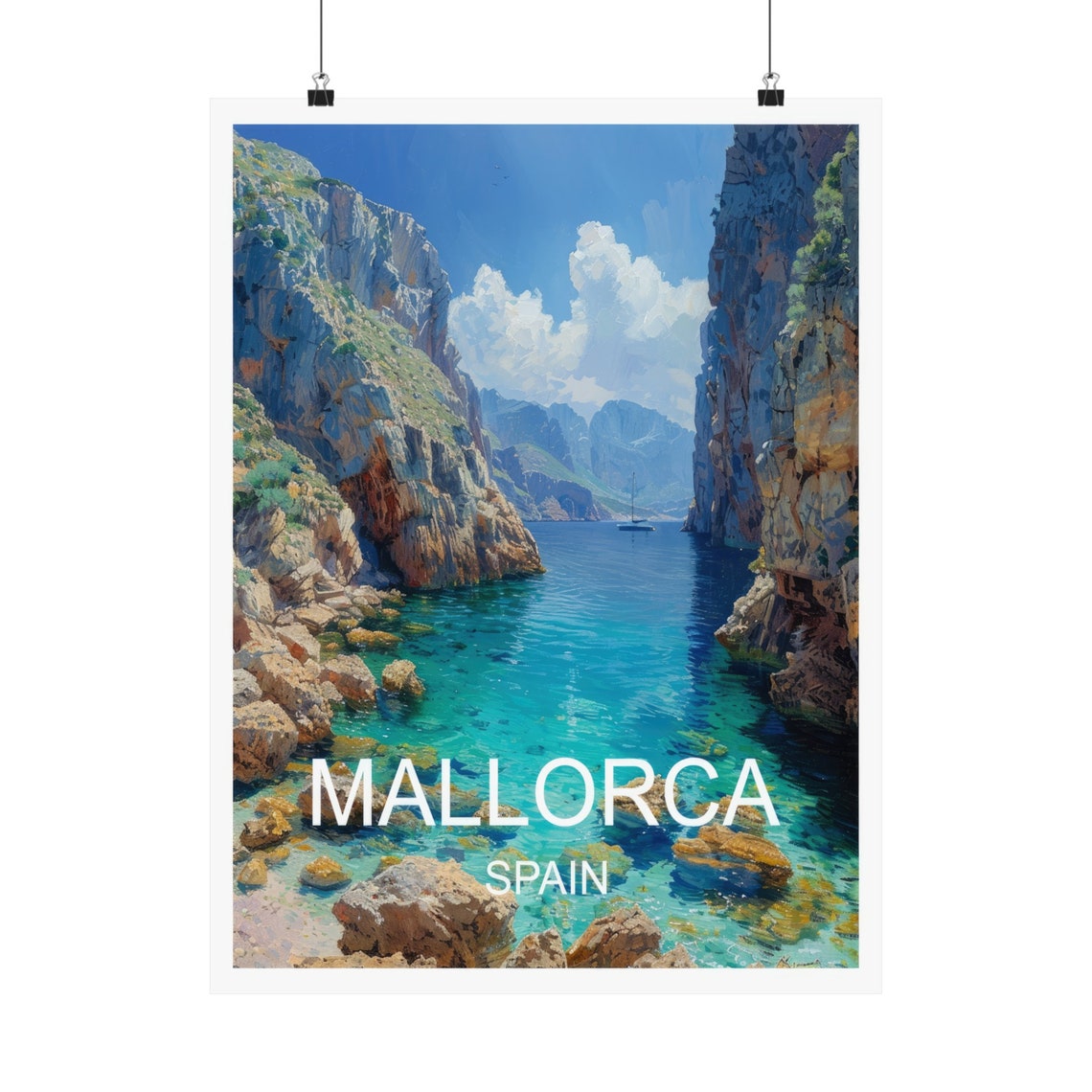 Mallorca Spain Turquoise Cove Rocky Cliffs Sailboat Travel Poster - Image 5