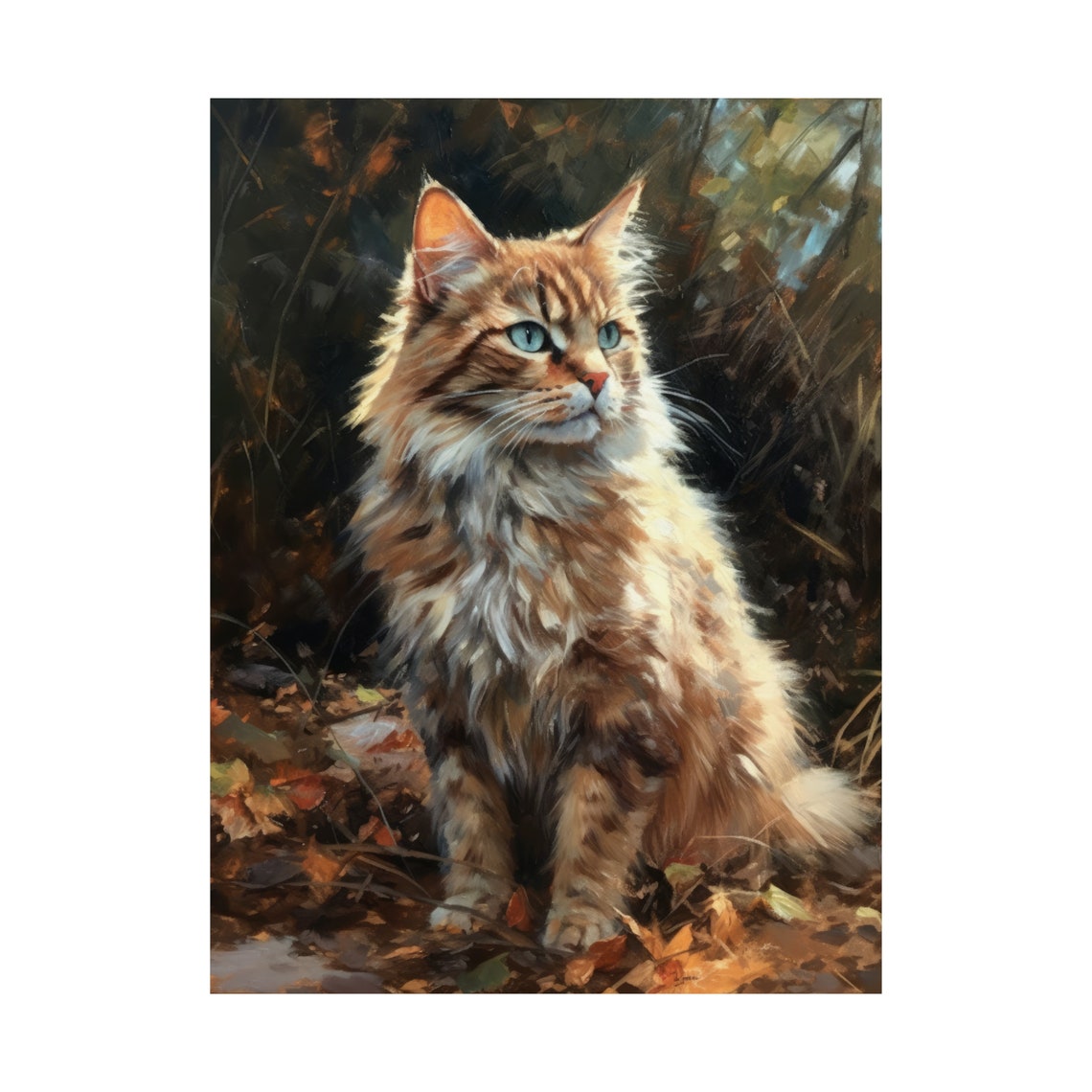Longhaired Brown Tabby Cat Green Eyes Autumn Leaves Portrait Poster - Image 4