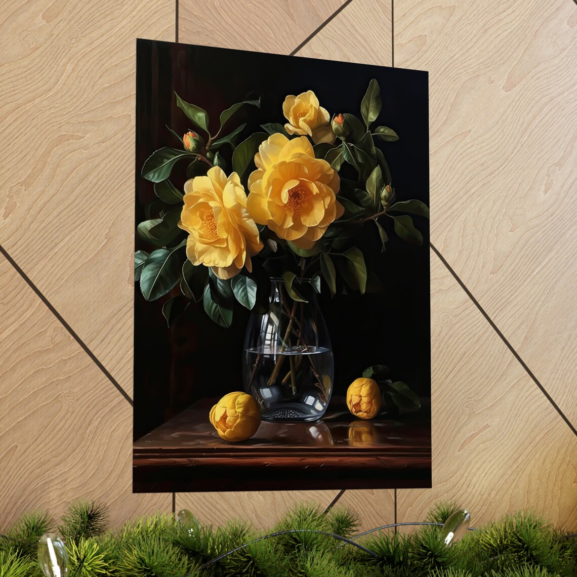 Yellow Camellia Blooms Dark Still Life Glass Vase Flower Art Print - Image 2
