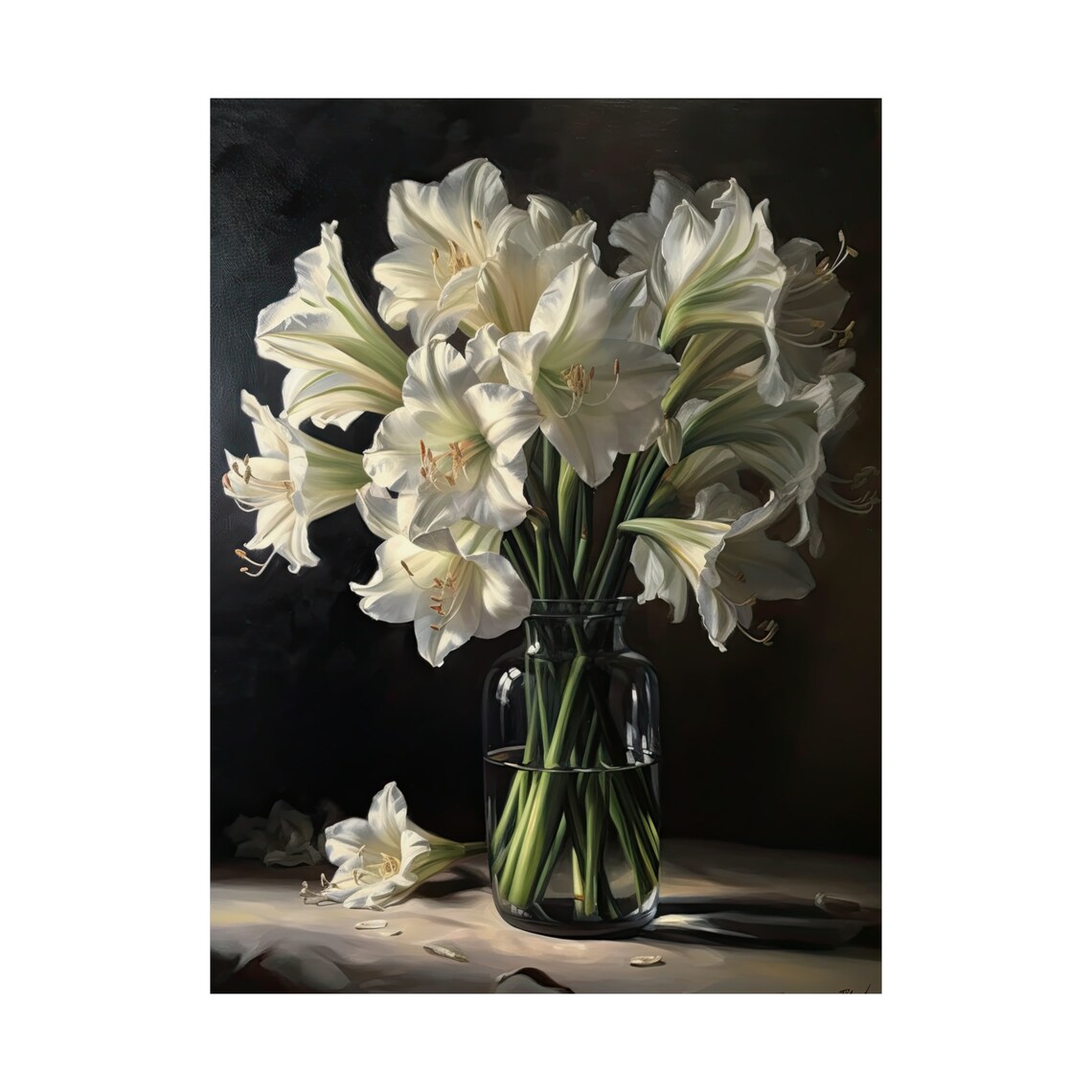 White Amaryllis Bouquet Dark Still Life Glass Vase Flower Art Print - Image 4