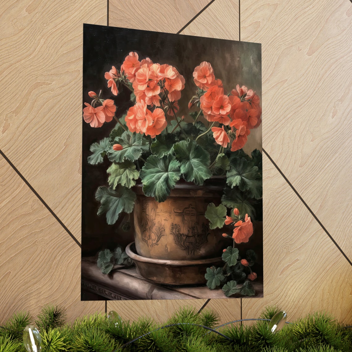 Coral Geranium Blooms Antique Copper Pot Dark Still Life Art Poster - Image 2