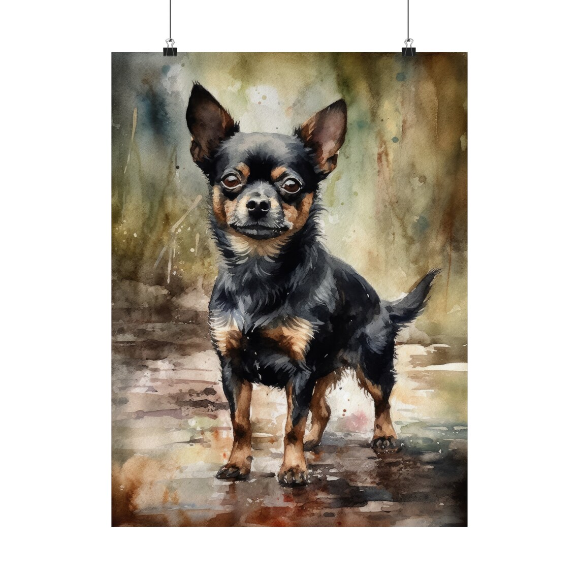 Russian Toy Dog Watercolor Portrait With Big Ears In Forest Art Print - Image 5