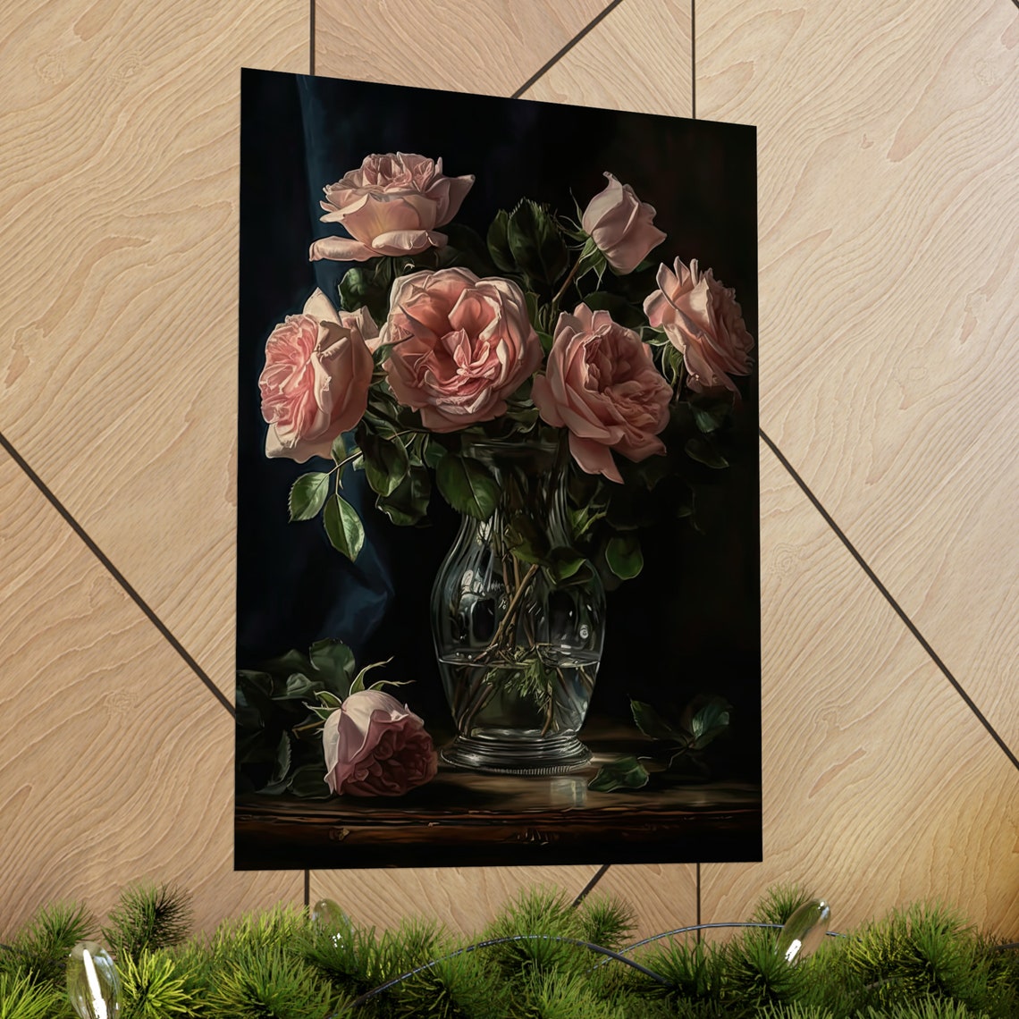 Pink Rose Bouquet Blush Blooms Dark Background Romantic Art Poster - Image 2